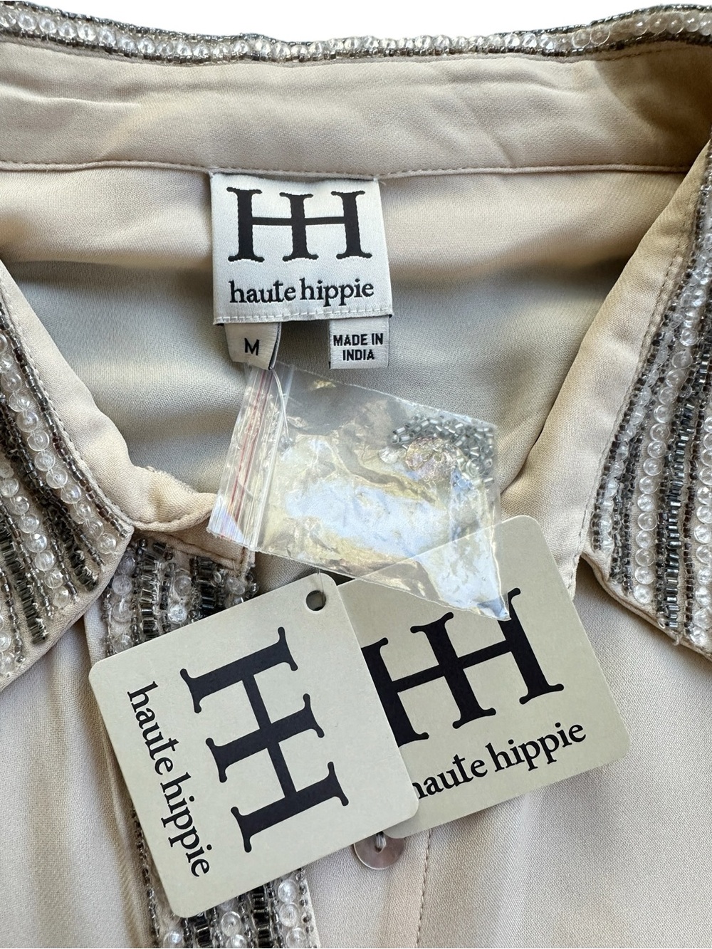 NWT Haute Hippie 100% Silk Beaded Button Front Blouse Champagne Ivory M - Picture 4 of 16